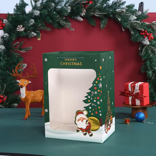Sac d'emballage cadeau en papier de Noël personnalisé avec fenêtre transparente Sac en papier promotionnel Sac à provisions Sac en papier kraft Sac en papier recyclable avec impression de logo