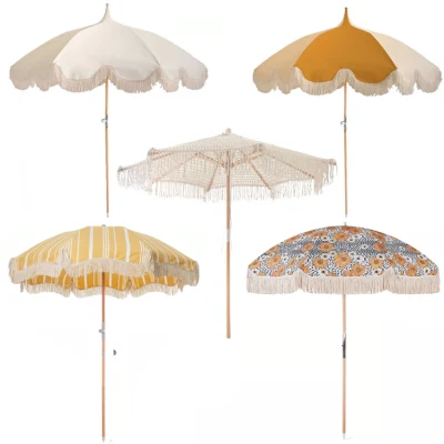 Parapluies de plage à franges Vintage de luxe personnalisés, vente en gros, avec glands, poteau en bois Portable d'extérieur, grand Parasol de Style Boho